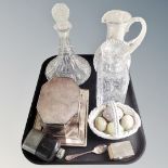 A tray of assorted cut glass and crystal water jug, silver-plated trinket box, hip flask,