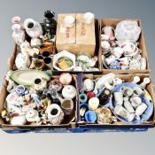 A pallet of five boxes of assorted ceramics, English tea ware, Oriental vases, figurines,
