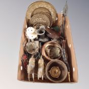 A box containing antique and later metal wares to include a brass figure of a chariot with horses,