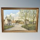 Continental School : Path leading to a town, oil on canvas,