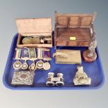 A tray of cased opium scales, oak table box in the form of a settle, Freemason's medals on ribbons,