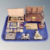 A tray of cased opium scales, oak table box in the form of a settle, Freemason's medals on ribbons,