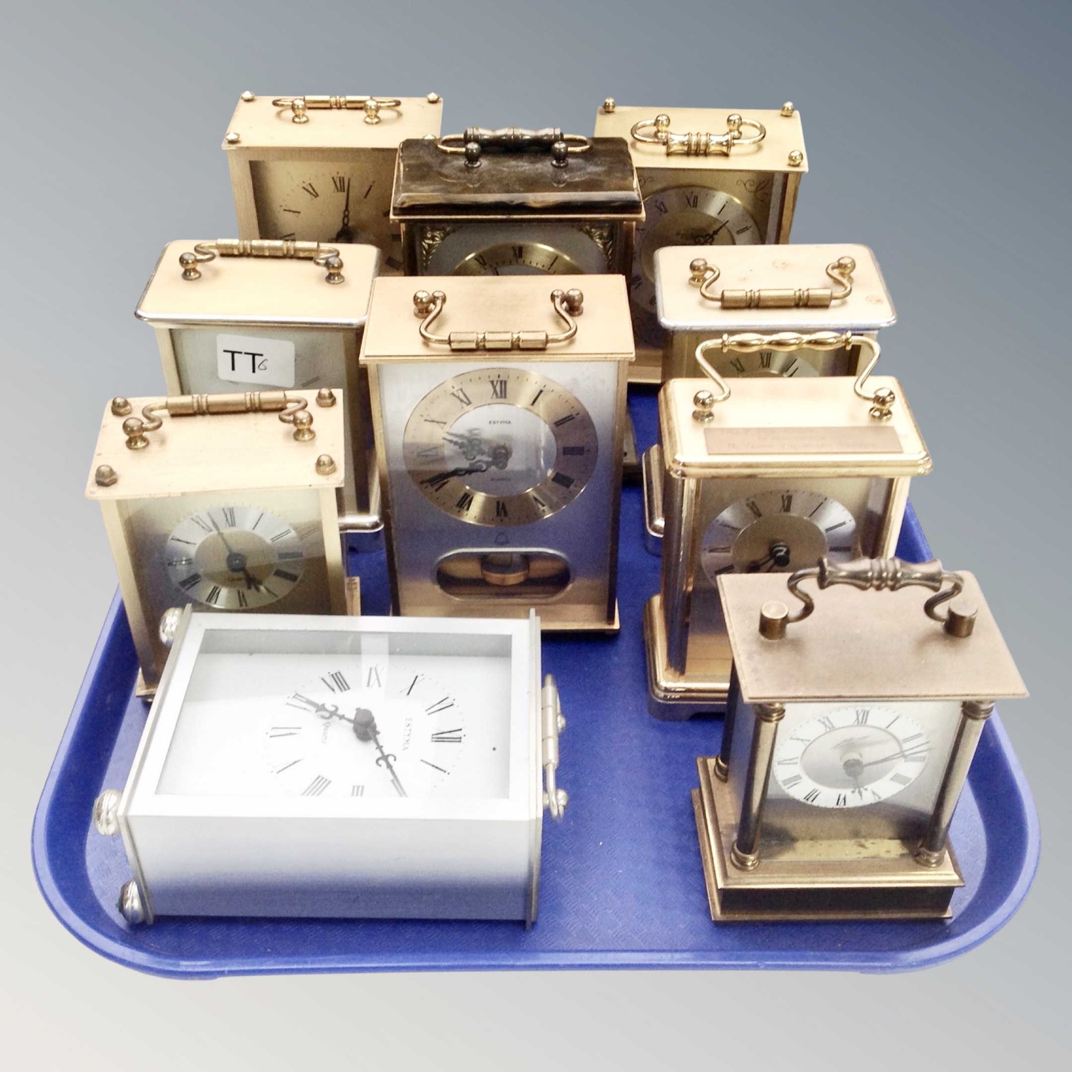 Ten various carriage clocks