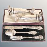 A silver knife, fork and spoon in a fitted case, Birmingham marks 1898,
