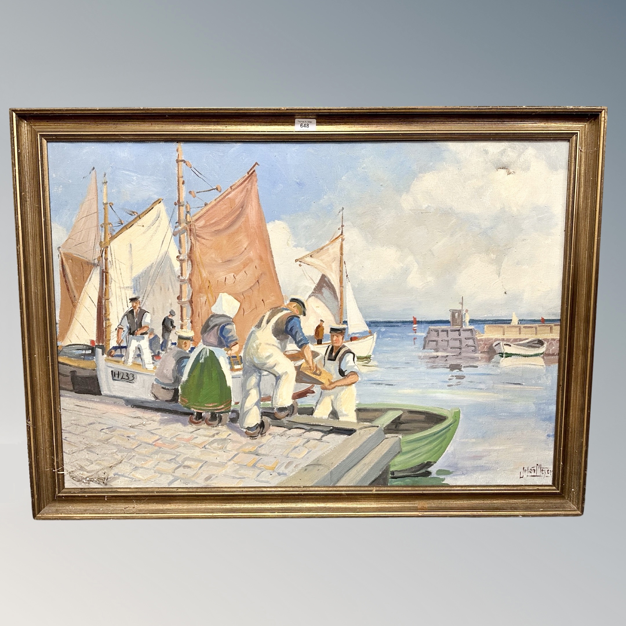 Continental School : Fishermen unloading the catch, oil on canvas,