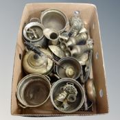 A box containing antique and later brass wares to include planters, kettles, Toby jugs,