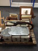 A pallet of antique and later pictures and prints, copper panel, mirrors,