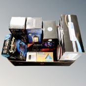 A box containing LED lamps, jigsaw, work light with USB charger, call blocker etc, all parts boxed.