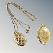 A 9ct gold locket on similar box-link chain, and one further 9ct gold locket.