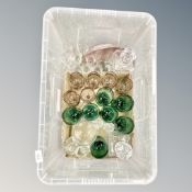 A box of green and pink wine glasses, six Edwardian Greek key pattern glasses,