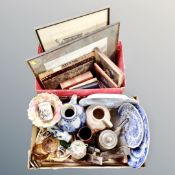 Two boxes containing antique and later pictures, ceramics, woodworking tools, Delft jug etc.