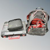 A Milwaukee tool box (empty) together with Milwaukee tool bag containing some hand tools, hammer,