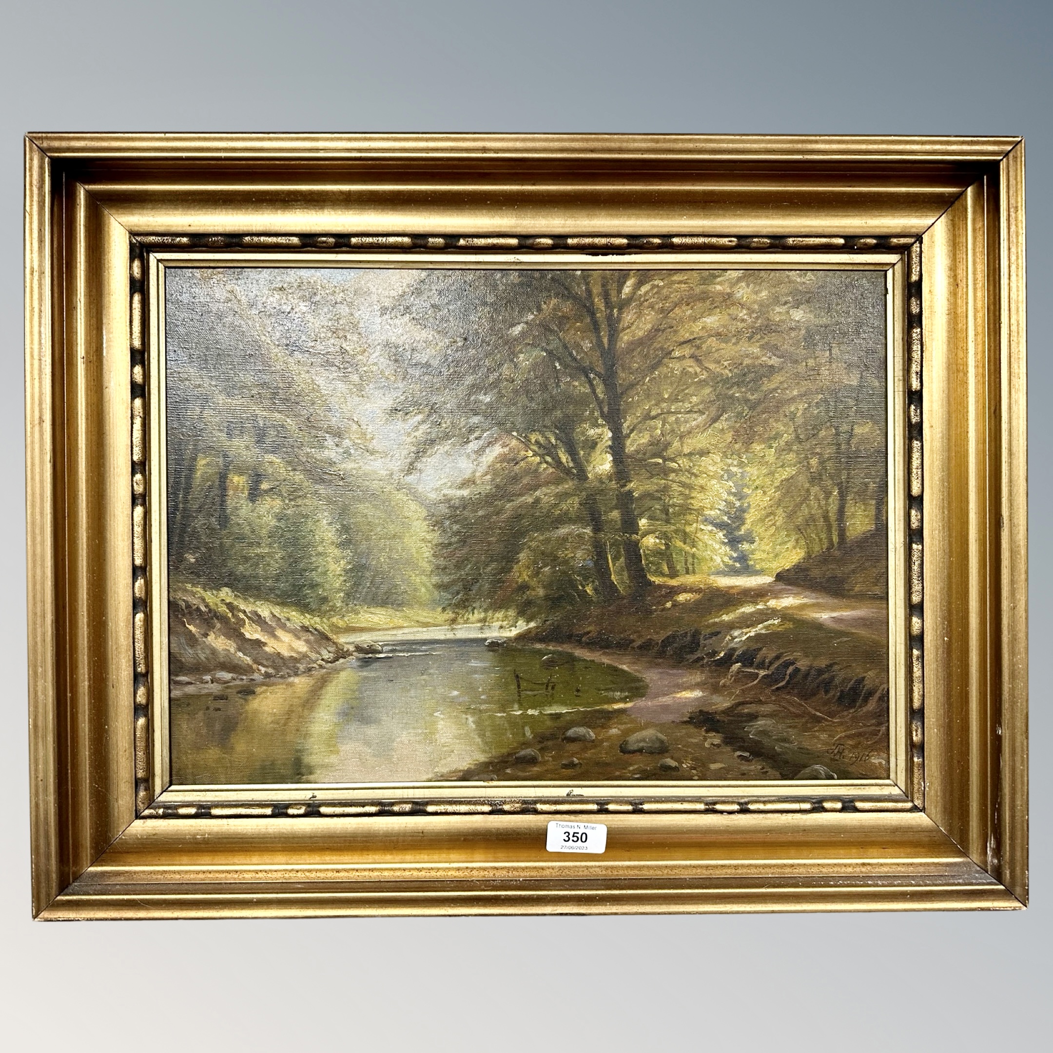 Continental School : A woodland stream, oil on canvas, 48 cm x 34 cm, dated 1916.