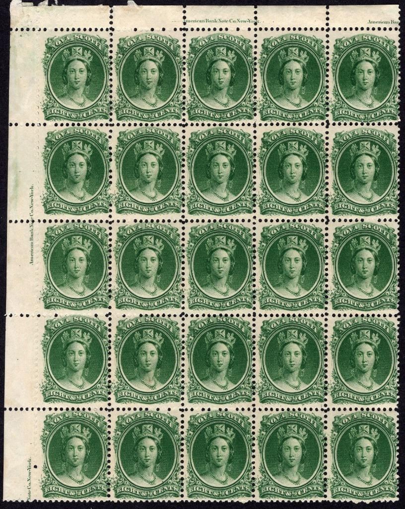 Nova Scotia : 1860 Queen Victoria 8½c Green 5x5 marginal block