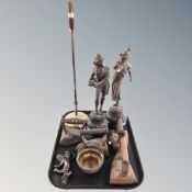 A tray containing antique and later metal wares to include spelter figures (af), flat irons,