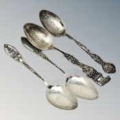 Four highly decorative American silver spoons depicting scenes of California.
