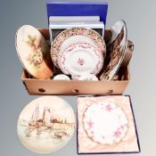 A box containing a quantity of wall plaques and plates, to include Royal Doulton, Royal Crown Derby,