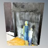 Continental School : Two figures on a street, oil on canvas, 100 cm x 81 cm, unframed.