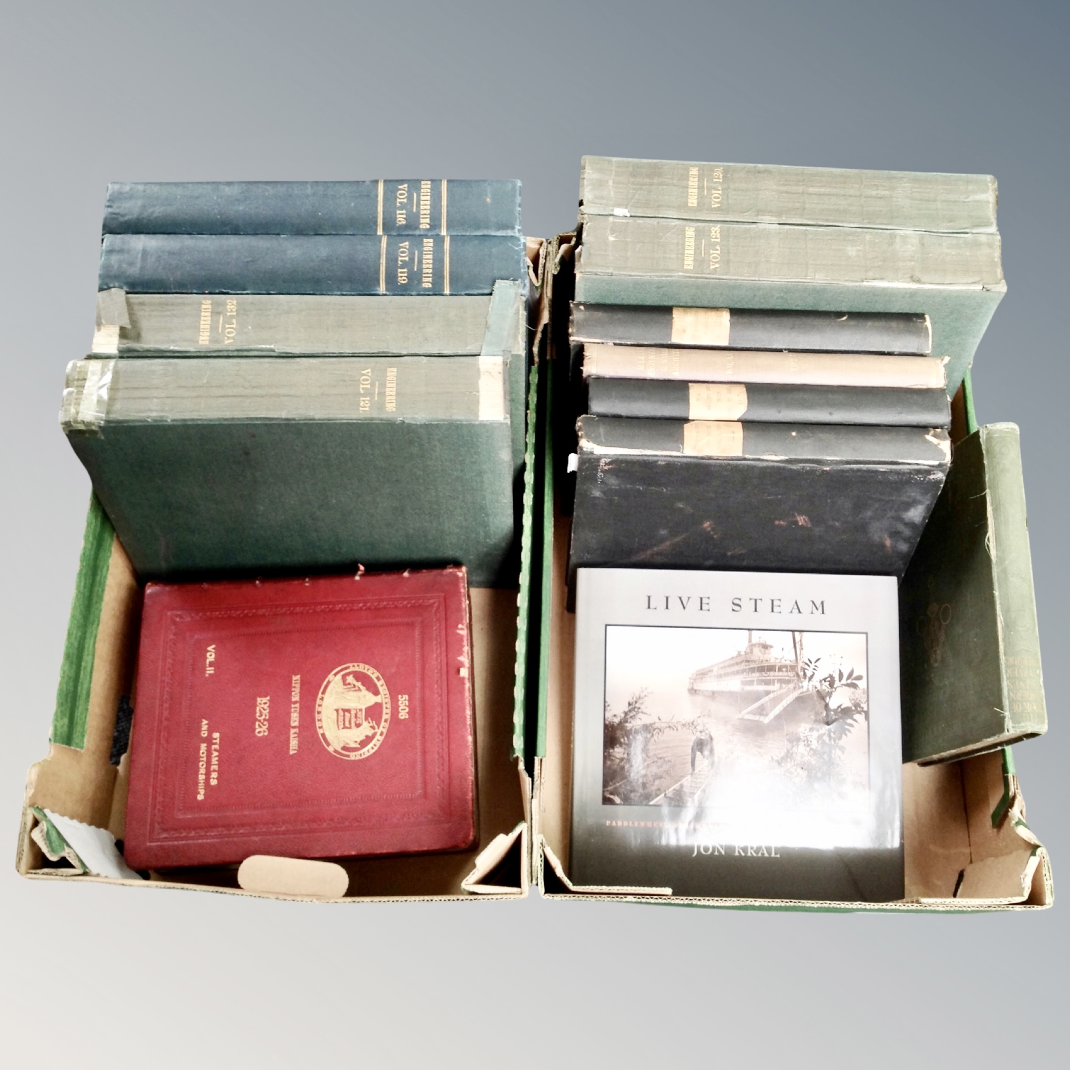 Two boxes containing hardback books, nautical and engineering.