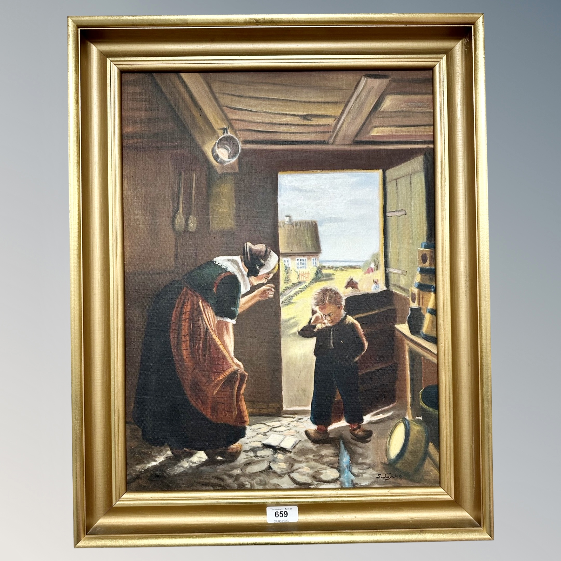 S Sykker : Lady and child by a doorway, oil on canvas,