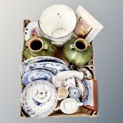 Two boxes containing a quantity of antique and later ceramics to include meat plates,