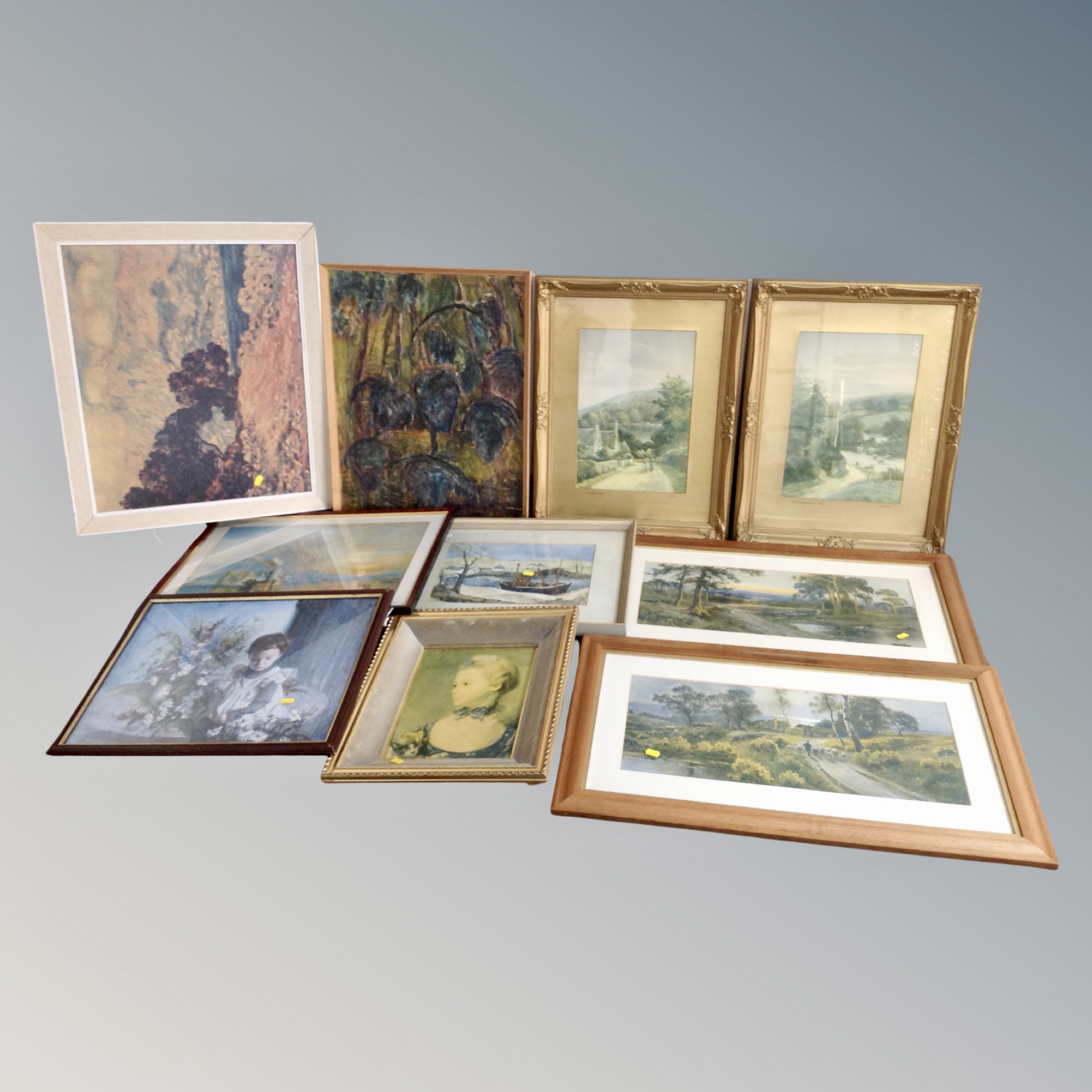 Ten assorted 20th century and later pictures and prints, Gene Gardener watercolour,