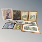 Ten assorted 20th century and later pictures and prints, Gene Gardener watercolour,