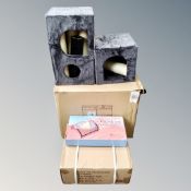 A multi level cat house box together with a further cat climber and a pet hammock, boxed.