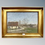 Continental School : Farm buildings by a track, oil on canvas,