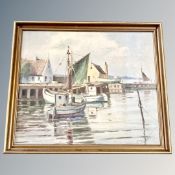 Danish School : Boats in harbour, oil on