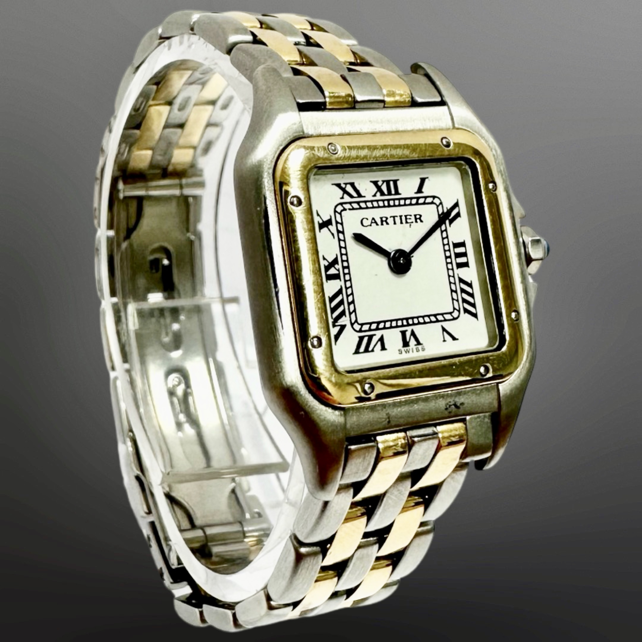Cartier Panther 18ct gold and stainless steel quartz wristwatch, white dial with Roman numerals,