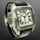 Cartier Santos 100 stainless steel automatic wristwatch, white dial with Roman numerals,