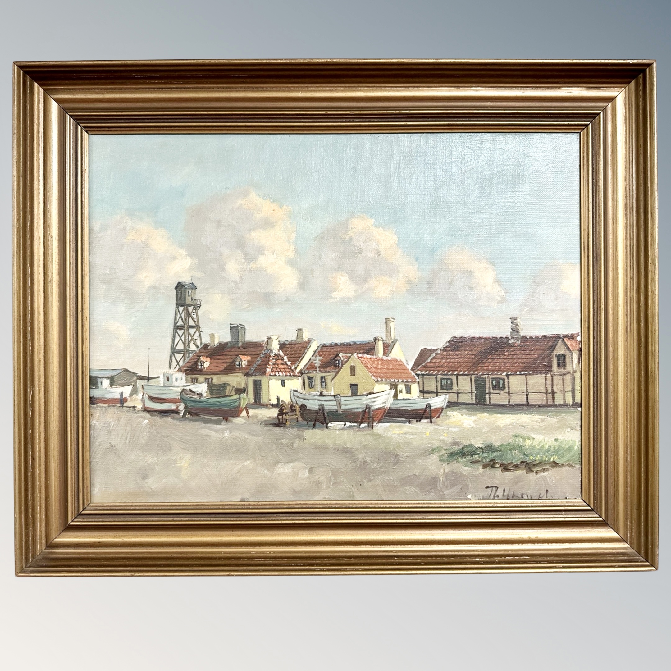 Continental School : Fishing boats before cottages, oil on canvas,