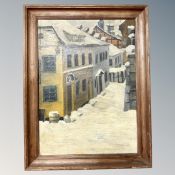 Continental School : A snow covered street, oil on canvas,