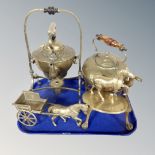 A tray of brass horse and cart ornaments, brass kettle, kettle on spirit burner, etc.