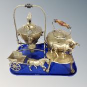 A tray of brass horse and cart ornaments, brass kettle, kettle on spirit burner, etc.