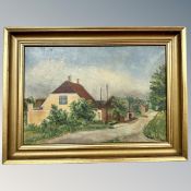 Continental School : Rural lane with buildings, oil on canvas,