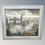 Continental School : Figures in a fishing port, oil on canvas,