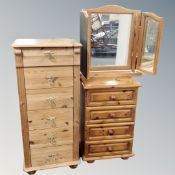 A narrow pine six drawer chest together with a further pine four drawer bedside chest and a pine