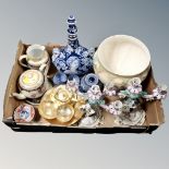 A box containing assorted antique and later ceramics, Japanese tea ware,