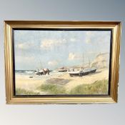 Continental School : Fishing boats on the sand, oil on canvas,