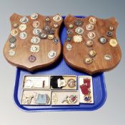 A tray on masonic medals and decorations including silver gilt example, two oak plaques with badges.