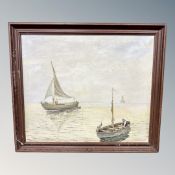 Continental School : Fishing boats in calm waters, oil on canvas,