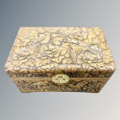 A carved wooden jewellery box with bird decoration, width 30 cm.