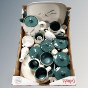 A box containing a quantity of Denby green wheat oven proof tea and dinnerware.