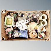 A box of ceramics and glass ware, lustre jug, cherub table centre piece,