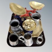 A tray containing two antique balance sales with weights, brass octagonal tray and pewter tankards.