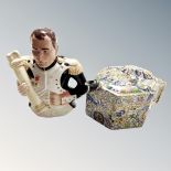 An antique chintz teapot and a further teapot in the form of Napoleon.