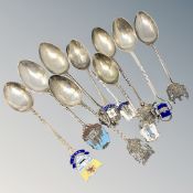 A collection of silver and enamel Scottish, Welsh spoons, Glasgow, Forfar, Dumfries, Edinburgh,