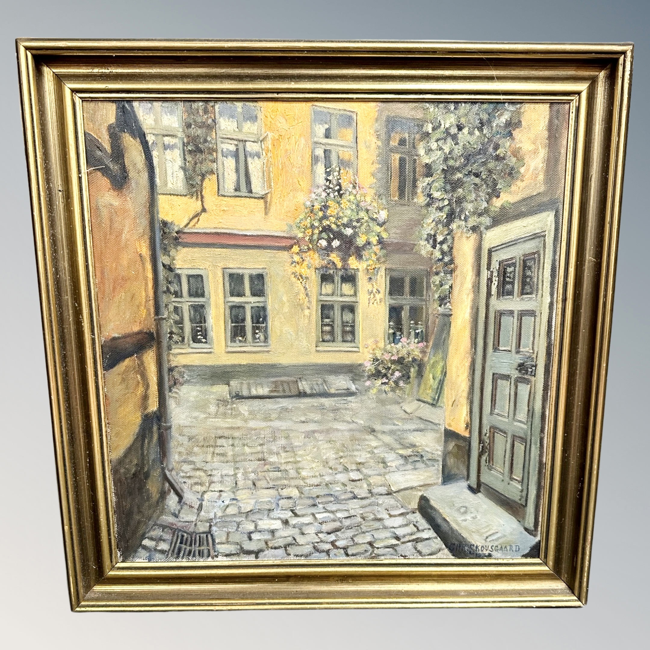 Continental School : A cobbled lane, oil on canvas,
